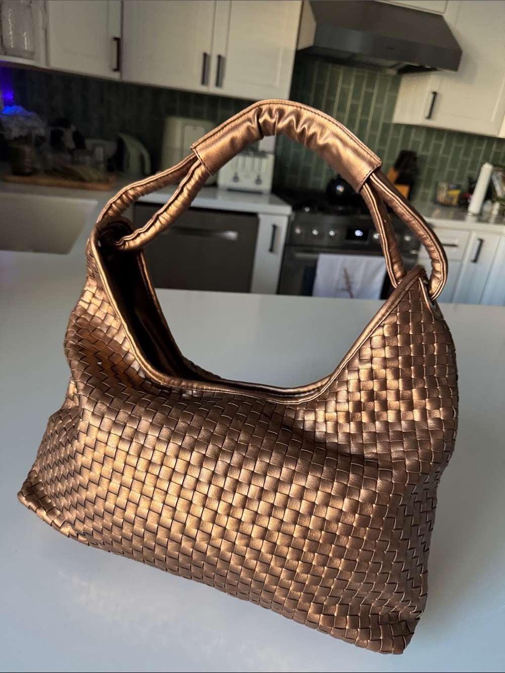 Womens Braided Metallic Bronze Hobo Bag